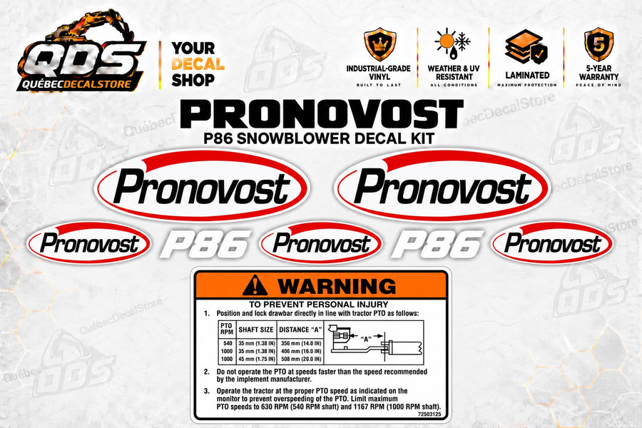 Pronovost P86 snowblower replacement decal kit with five oval logos, two P86 markings and one PTO warning label