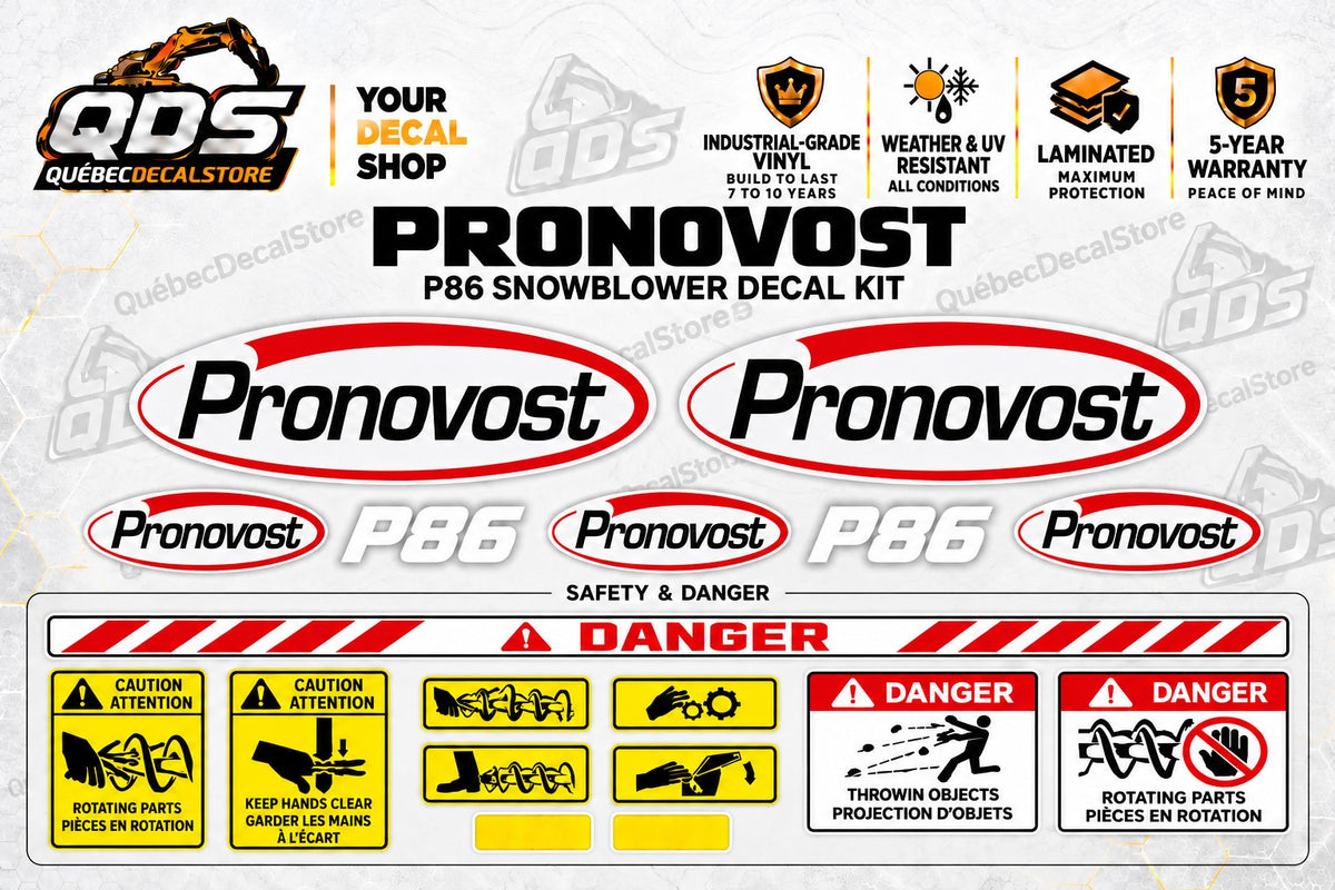 Kit de calcomanías Pronovost P86 – Logotipos, seguridad y peligro