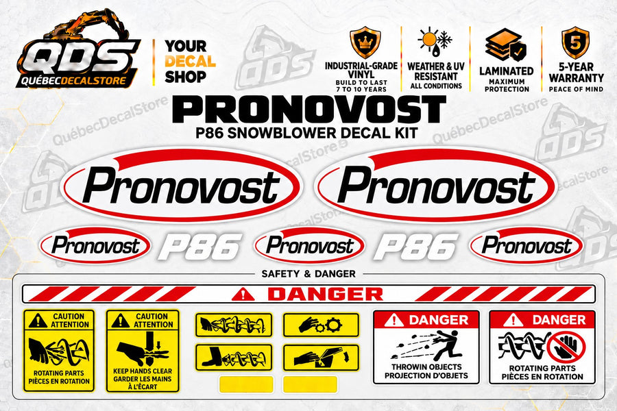 Pronovost P86 snowblower decal kit with five oval logos, two model markings, red and white danger labels and yellow safety pictograms