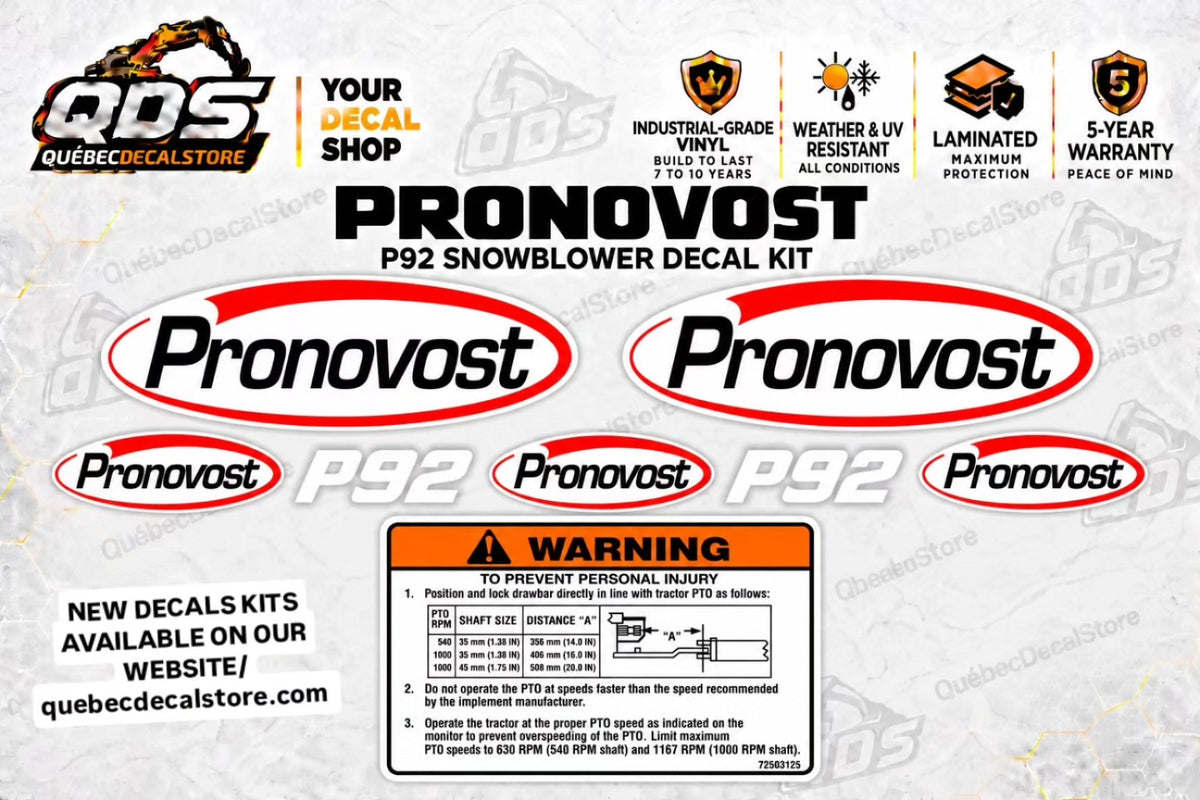 Pronovost P92 snowblower replacement decal kit with five oval logos, two P92 markings and one PTO warning label