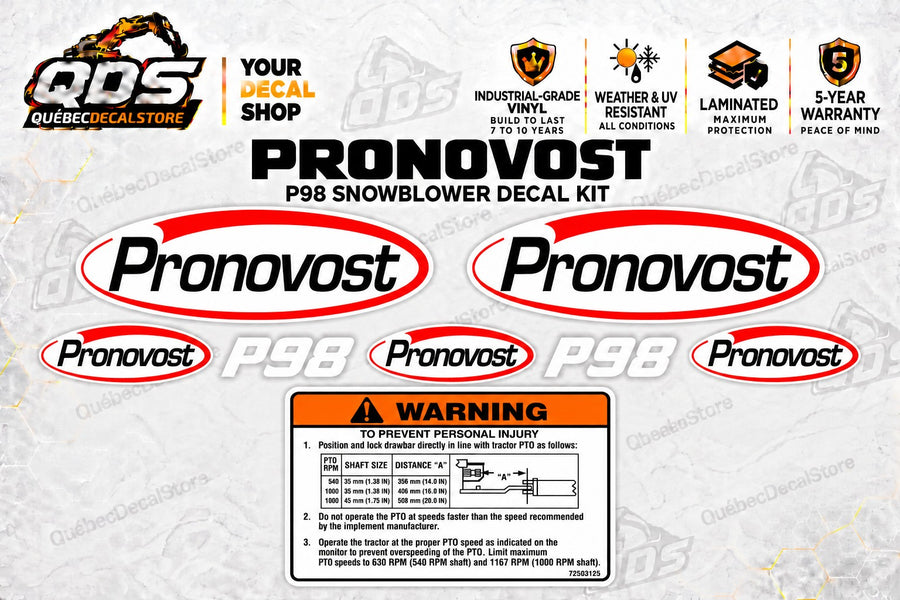 Pronovost P98 snowblower replacement decal kit with five oval logos, two P98 markings and one PTO warning label