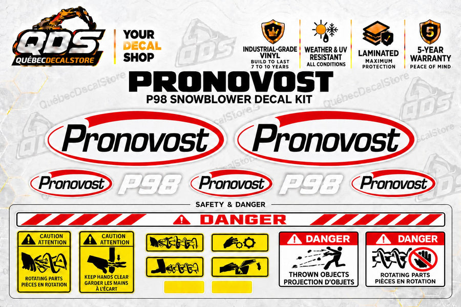 Pronovost P98 snowblower decal kit with five oval logos, two model markings, red and white danger labels and yellow safety pictograms