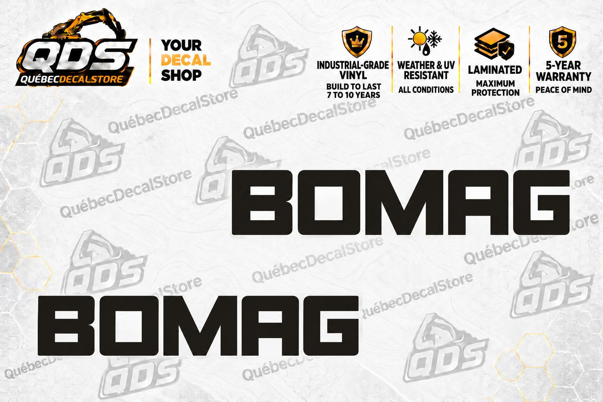 BOMAG Logo Decals – Pair of 2, Black or White, 3–30 in