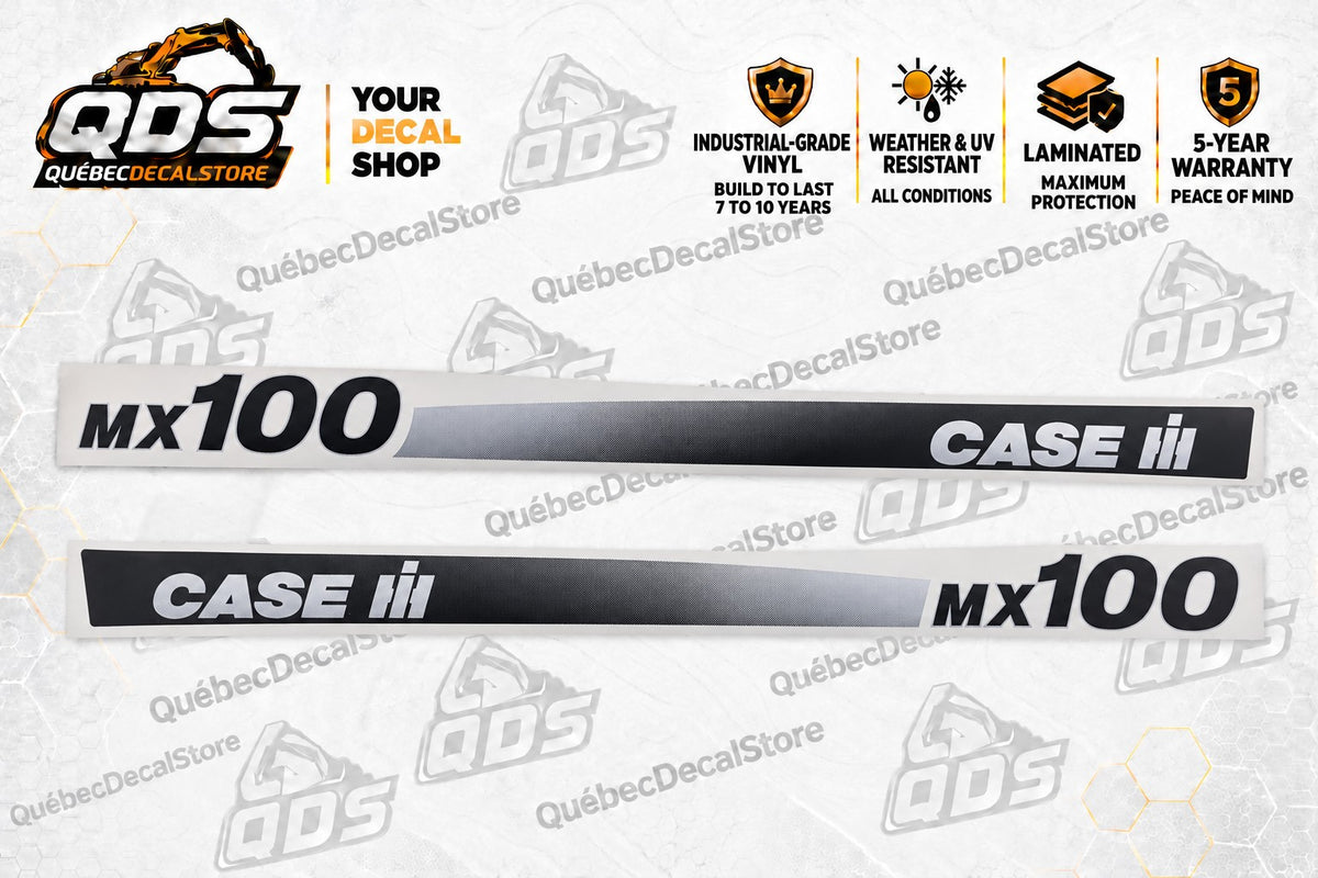 Case IH MX100 aftermarket tractor hood decal pair, silver and black graphics, left and right sides – QuébecDecalStore