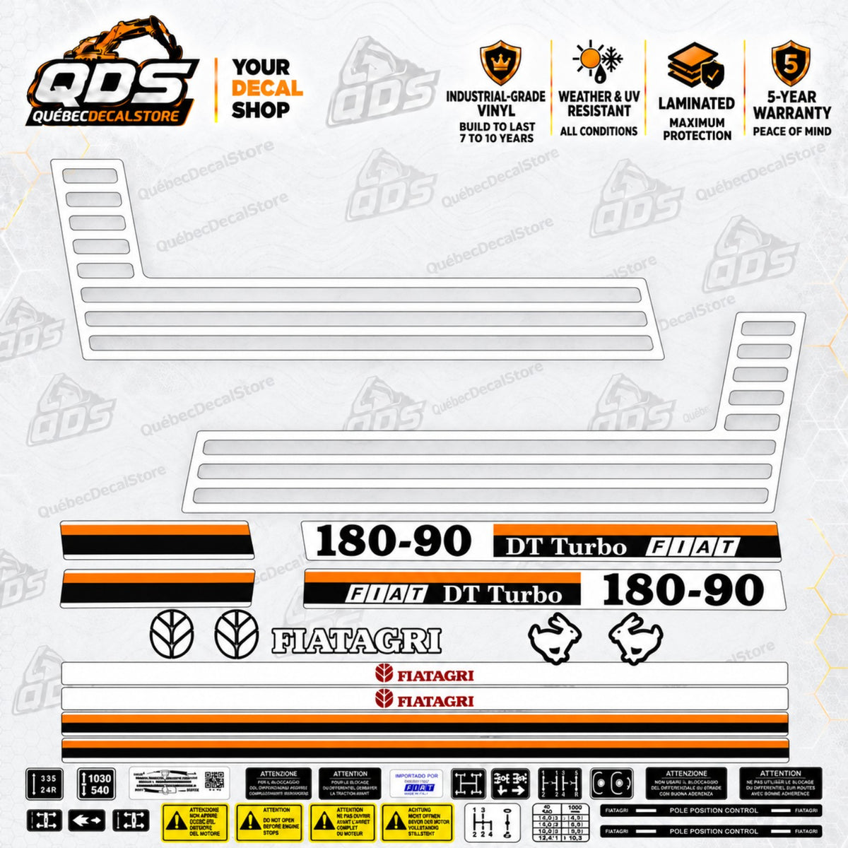 Fiat 180-90 tractor aftermarket replacement decal kit – laminated outdoor vinyl – QuébecDecalStore