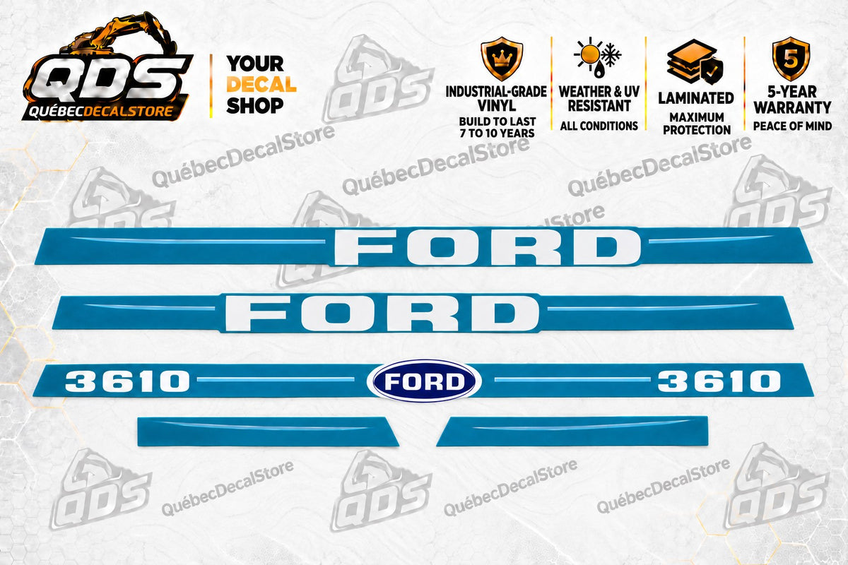 Ford 3610 laminated aftermarket tractor decal kit with the pictured 5 graphics – QuébecDecalStore