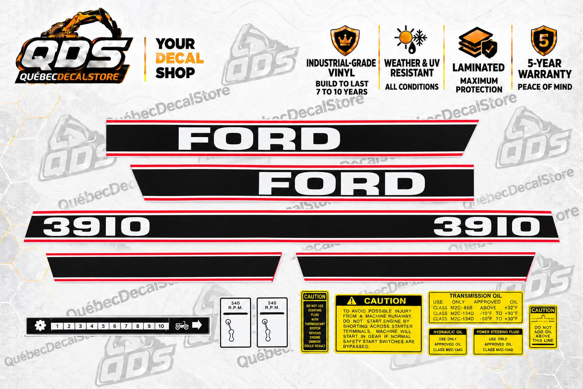Ford 3910 laminated aftermarket tractor decal kit with the pictured warning and operating labels – QuébecDecalStore