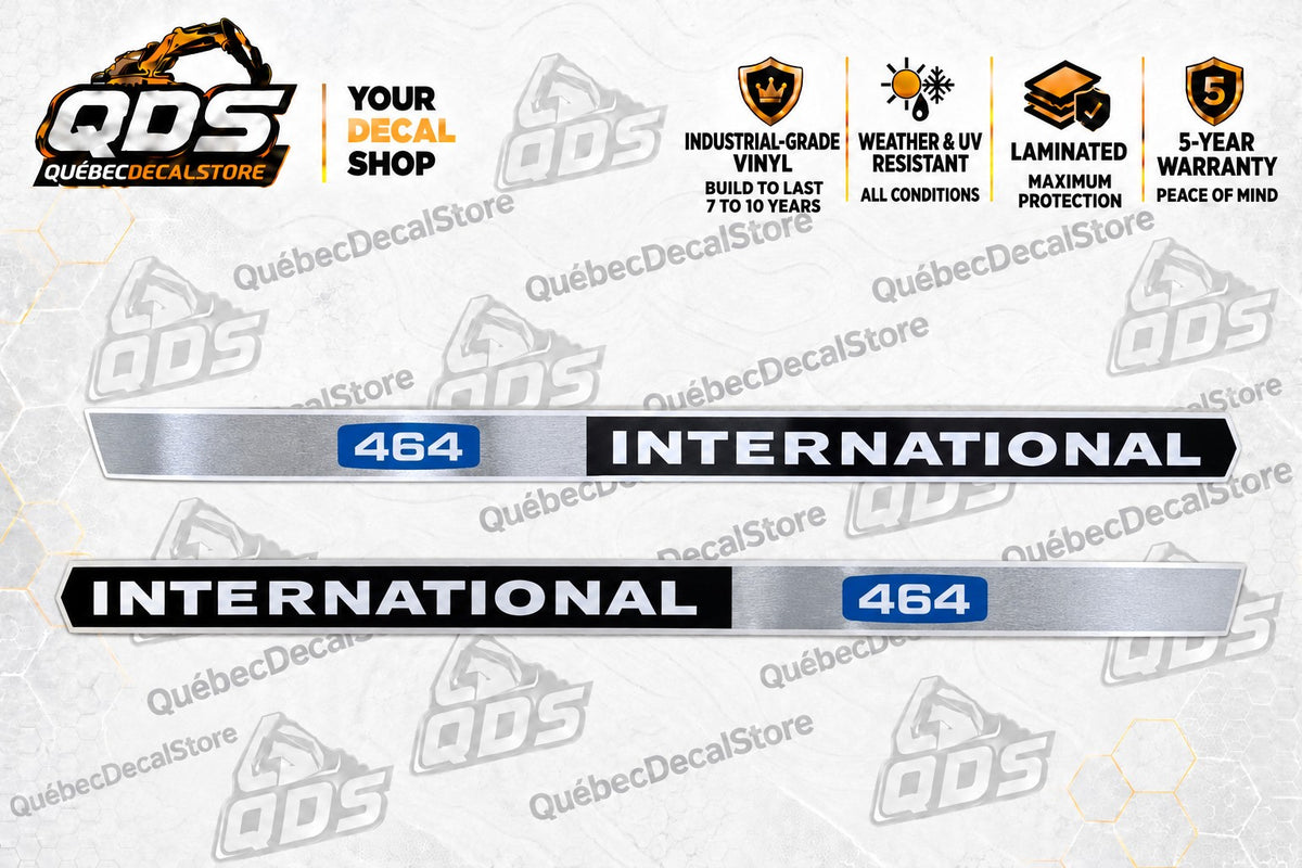 International Harvester 464 tractor decal kit with two silver-grey, black and blue hood-side graphics – QuébecDecalStore