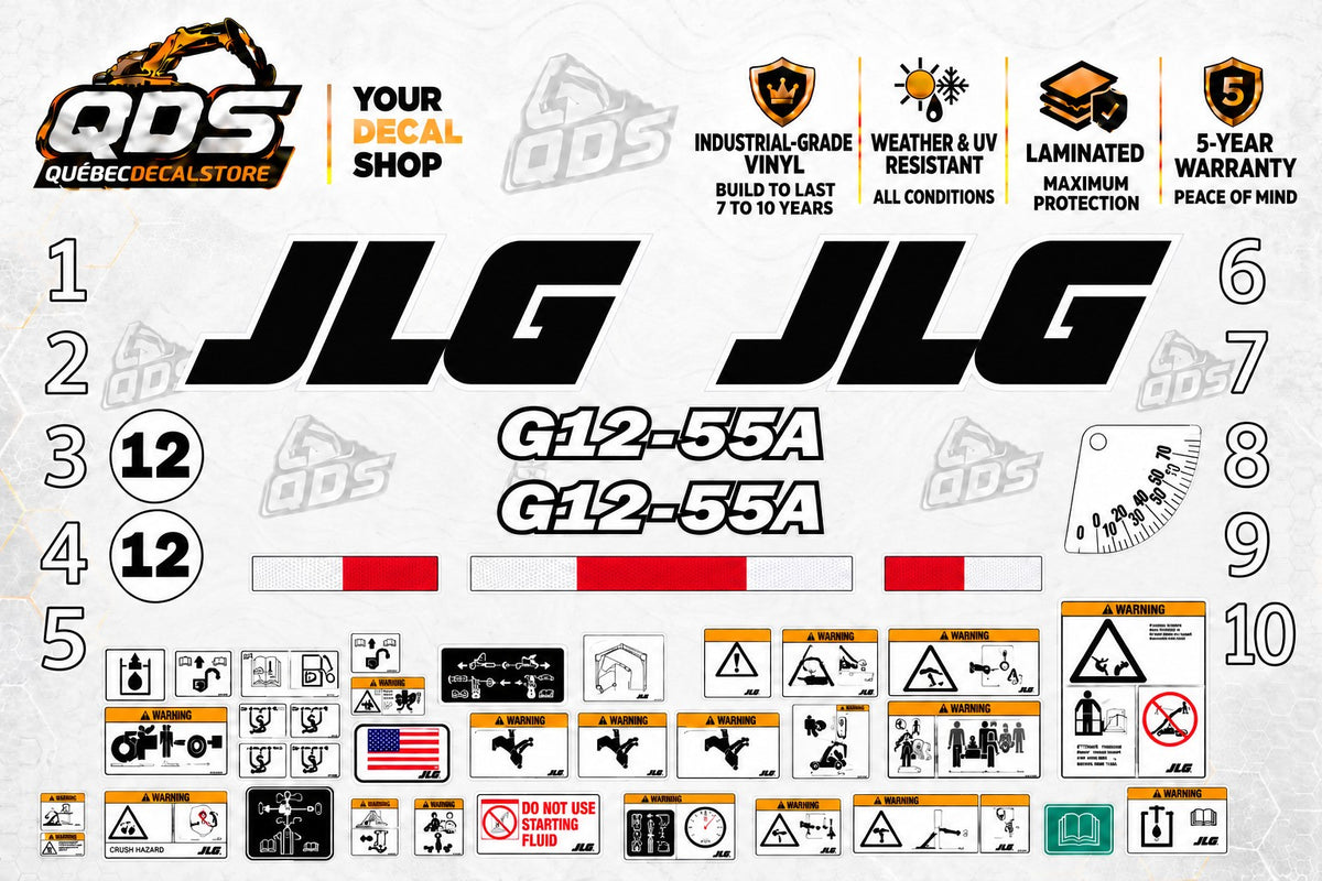 JLG G12-55A telehandler replacement decal kit with paired JLG and model graphics, numbered markings, angle indicator and illustrated labels