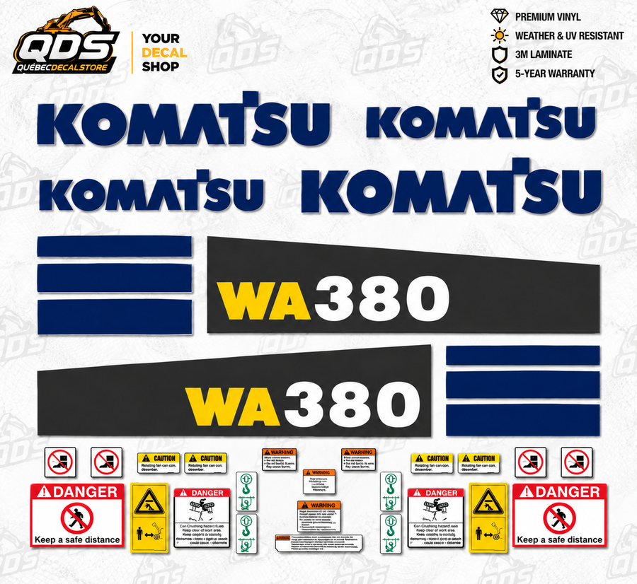 Komatsu Wheel Loader WA380 – aftermarket replacement decals shown in the kit