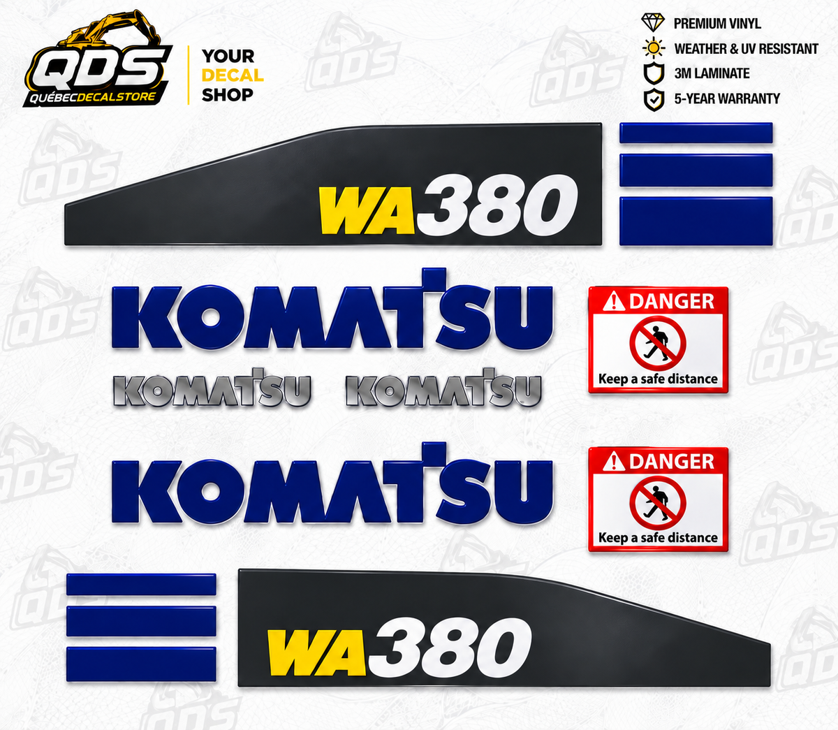 طقم ملصقات بديل للودر بعجلات Komatsu WA380 — يتضمن ملصقات السلامة