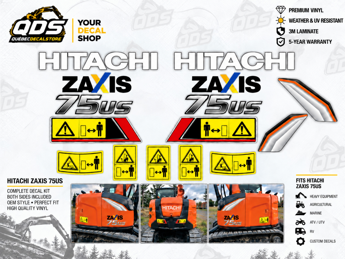 Hitachi ZAXIS 75US Excavator – aftermarket replacement decals shown in the kit