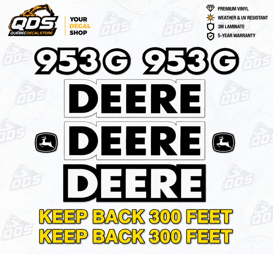 John Deere 953G Track Feller Buncher – aftermarket replacement decals shown in the kit