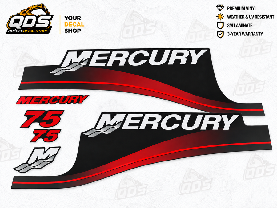 Marine Mercury Motor 75HP – aftermarket replacement decals shown in the kit