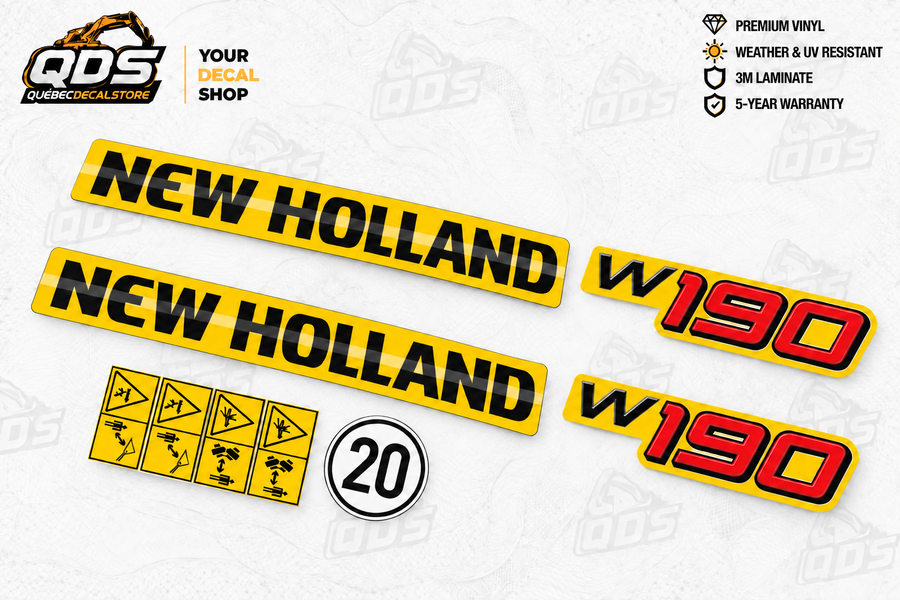 New Holland W190 – aftermarket replacement decals shown in the kit