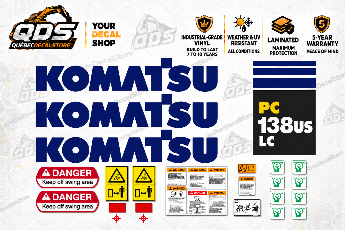 Komatsu PC138USLC-8 laminated aftermarket decal kit with model graphics and the safety labels shown on QuébecDecalStore background