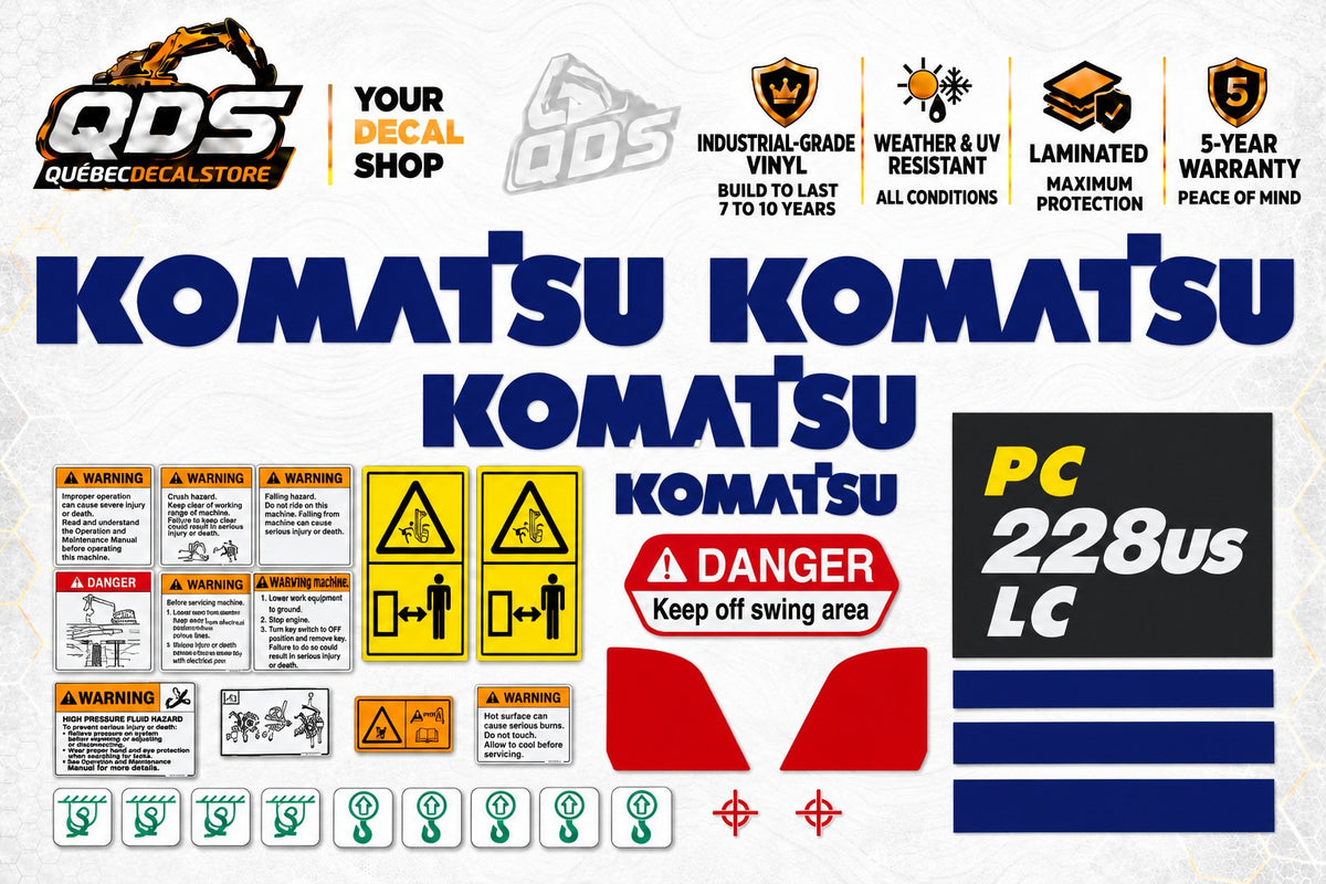 Komatsu PC228US-11 excavator laminated replacement decal kit with the graphics and safety labels shown – QuébecDecalStore