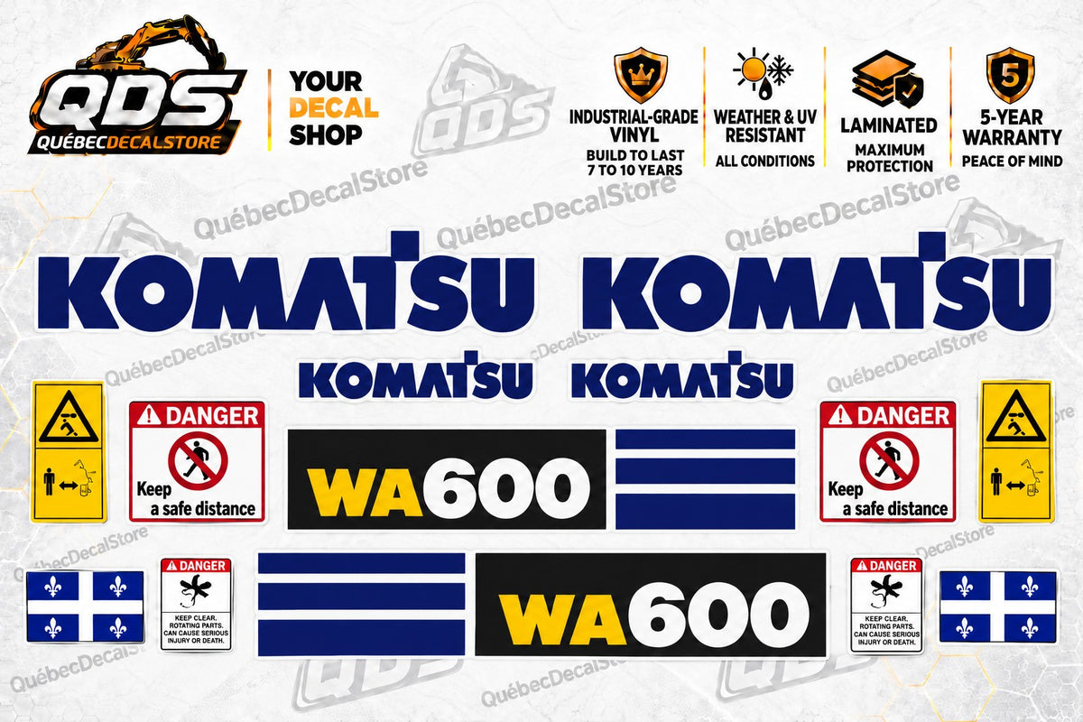 Komatsu WA600-6 wheel loader decal kit with Quebec flags, navy stripes and safety labels – QuébecDecalStore