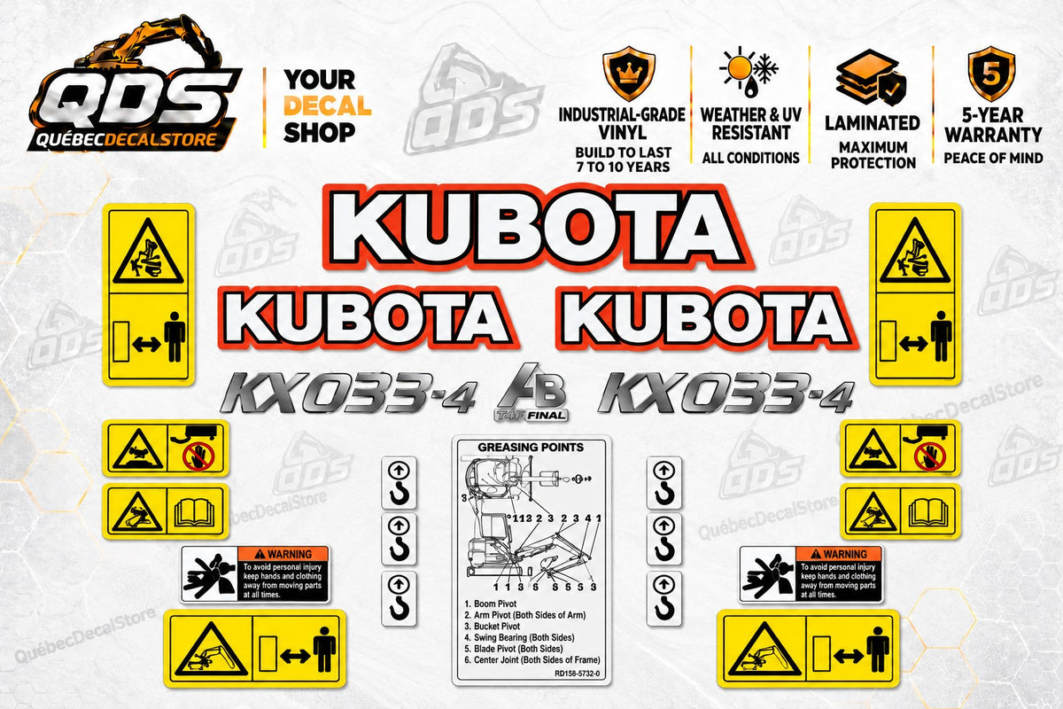Kubota KX033-4 Decal Kit with Safety & Greasing Labels
