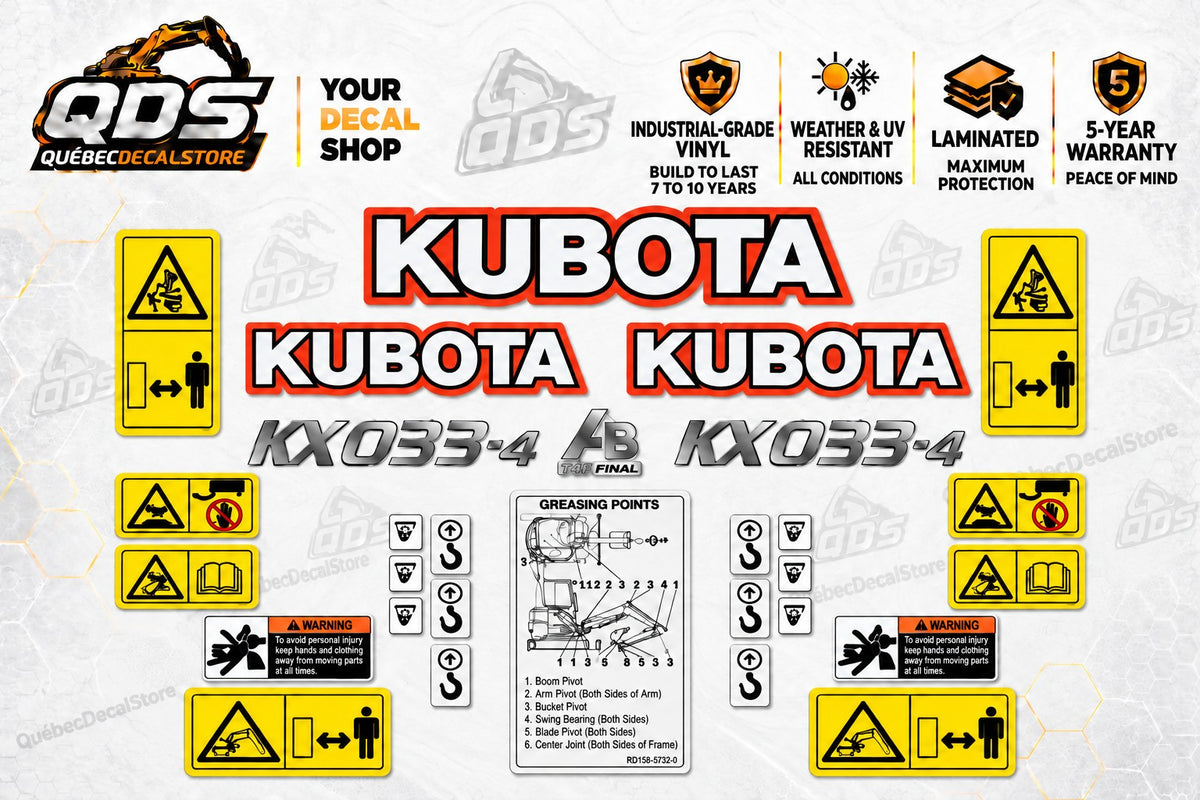 Kubota KX033-4 Decal Kit with Safety & Greasing Labels