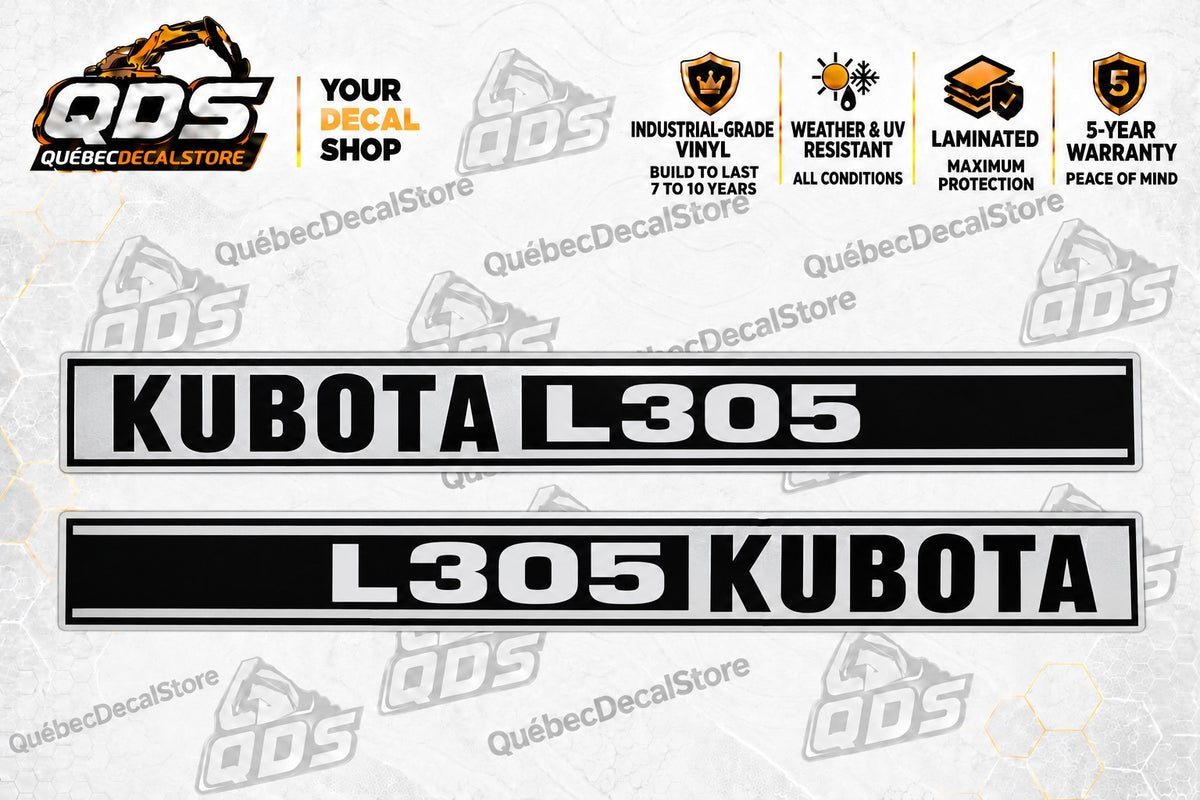 Kubota L305 laminated aftermarket tractor decal kit with the pictured hood-side graphics – QuébecDecalStore