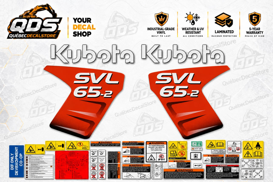 Kubota SVL65-2 replacement decal kit with two orange side panels, two outlined Kubota wordmarks and the safety and service labels pictured on a QDS background.