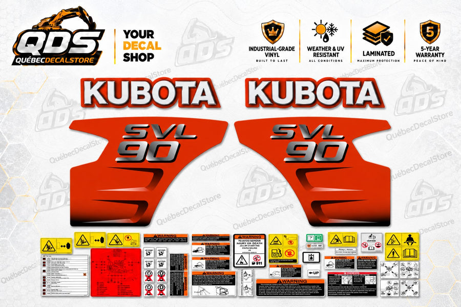 Kubota SVL90 replacement decal kit with two orange side panels, two Kubota wordmarks and the safety labels pictured on a QuébecDecalStore background.