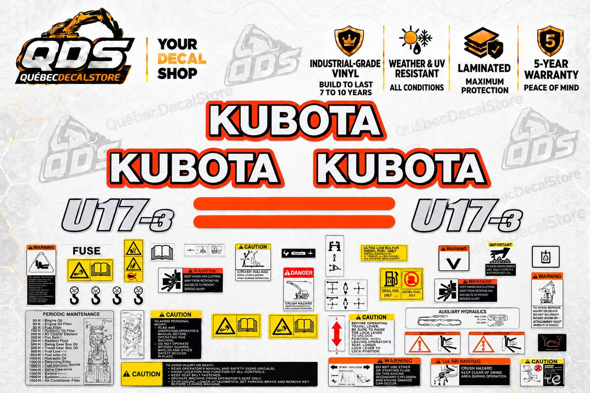 Kubota U17-3 decal kit with white black and orange-outlined logos, model numbers, orange stripes, safety and maintenance labels