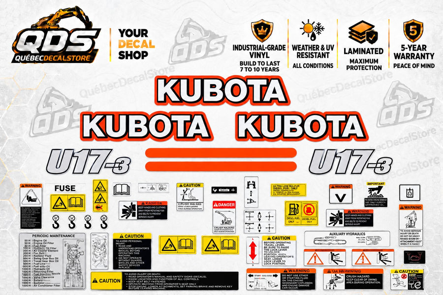 Kubota U17-3 Decal Kit with Safety Labels – Outlined Logos