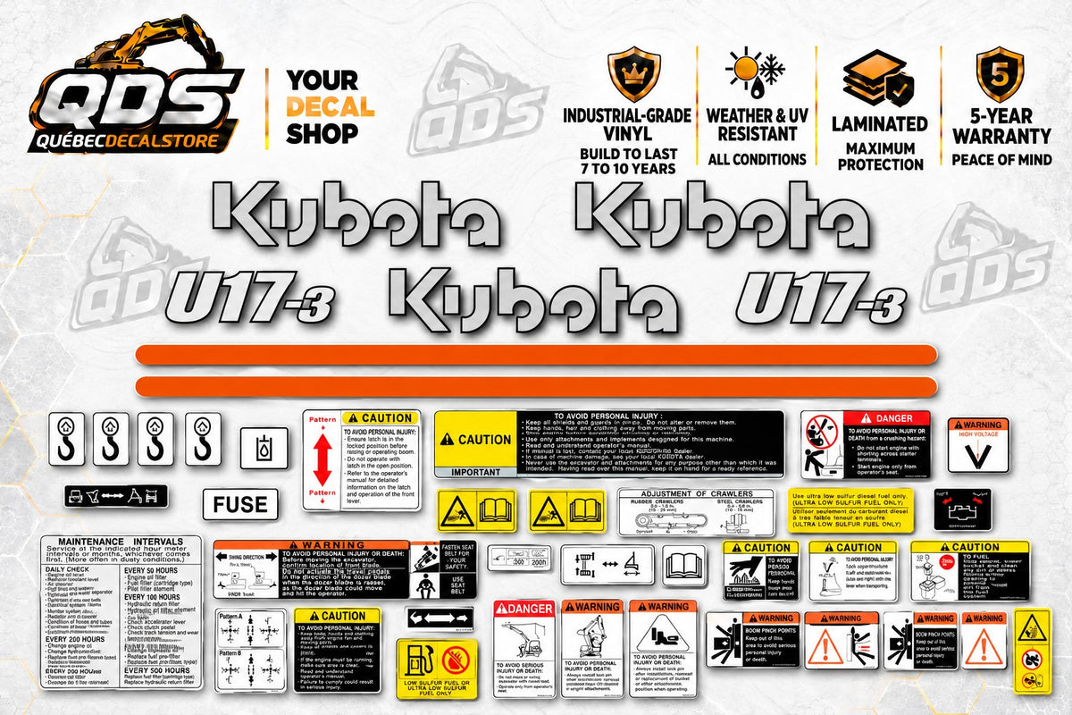Kubota U17-3 Decal Kit with Safety Labels – Silver & Orange
