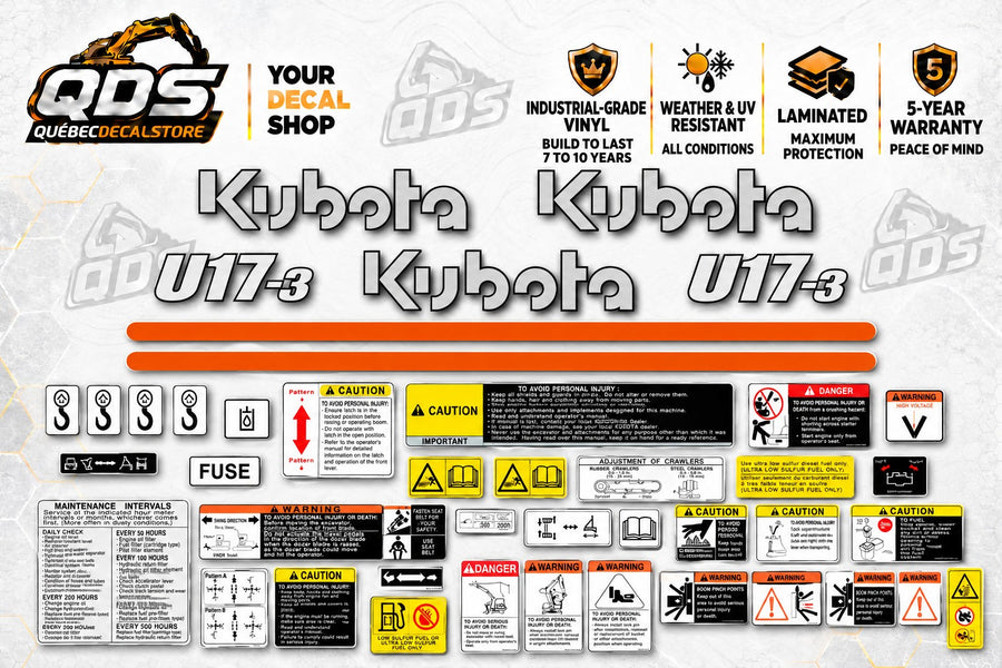 Kubota U17-3 Decal Kit with Safety Labels – Silver & Orange