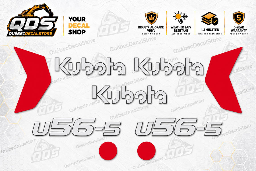 Kubota U56-5 mini excavator replacement decal kit with three outlined Kubota wordmarks, two model decals, two red shaped accents and two red circular accents.