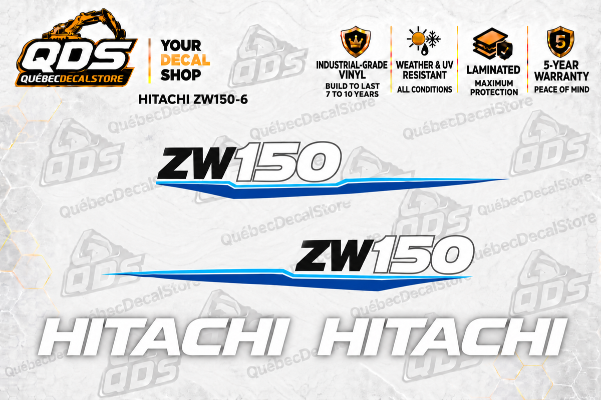 Kit de décalques Hitachi ZW150-6 pour chargeuse sur pneus — vinyle laminé