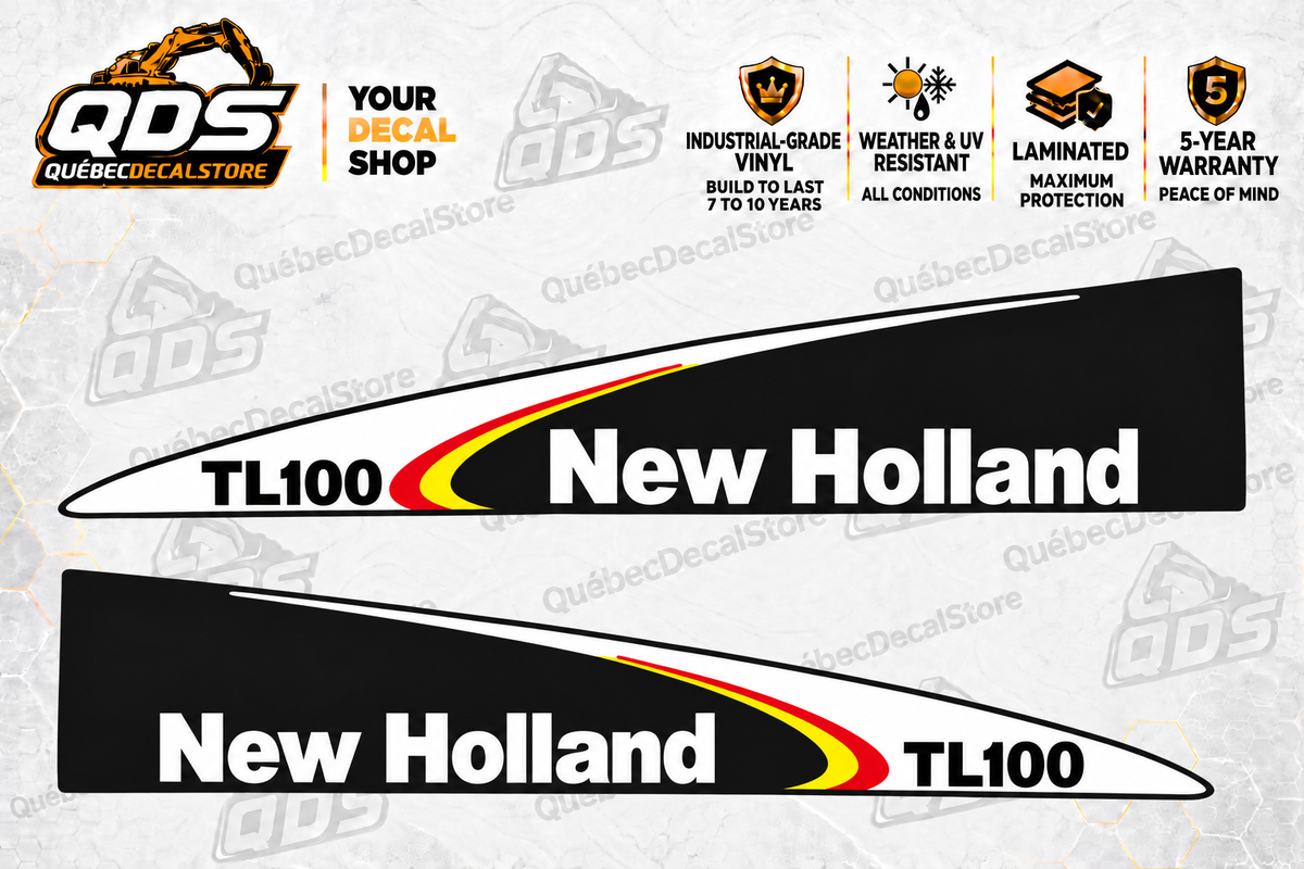 New Holland TL100 aftermarket tractor hood decal pair by QuébecDecalStore, two complementary side graphics shown