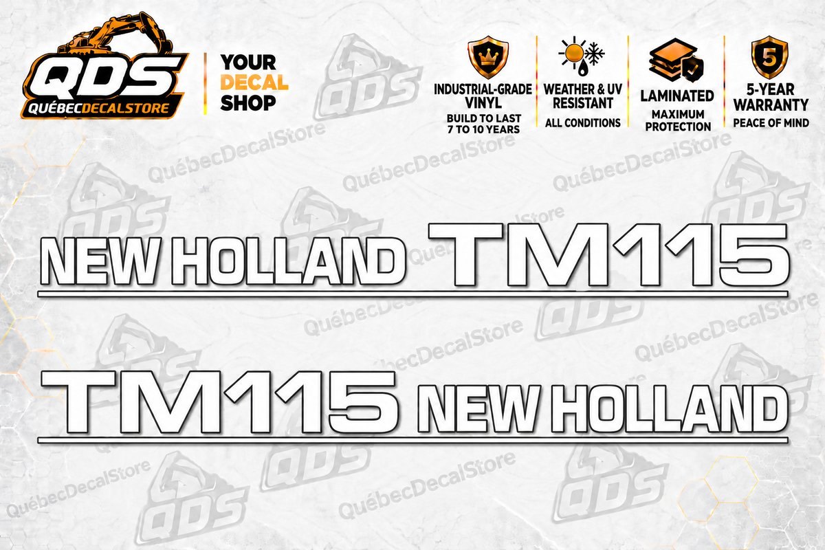 New Holland TM115 aftermarket tractor hood decal pair by QuébecDecalStore, two complementary side graphics shown