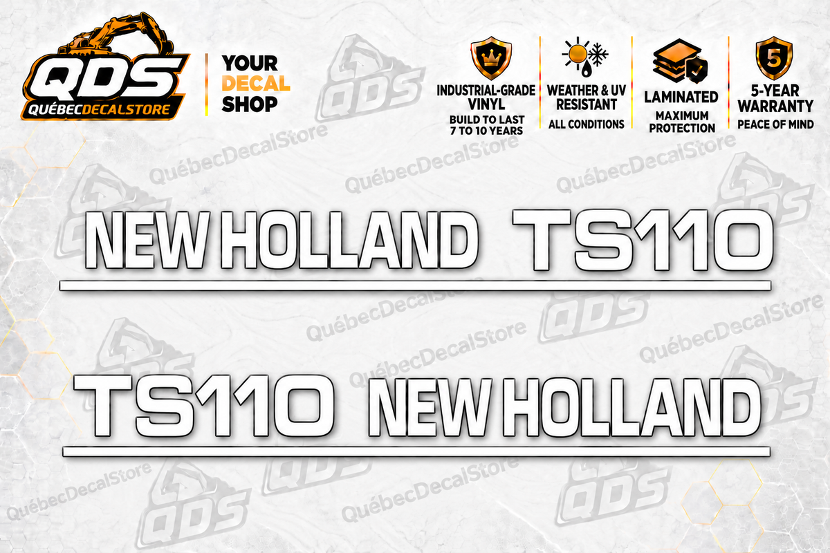 Paire de décalques de capot New Holland TS110 – Lettrage blanc ancien