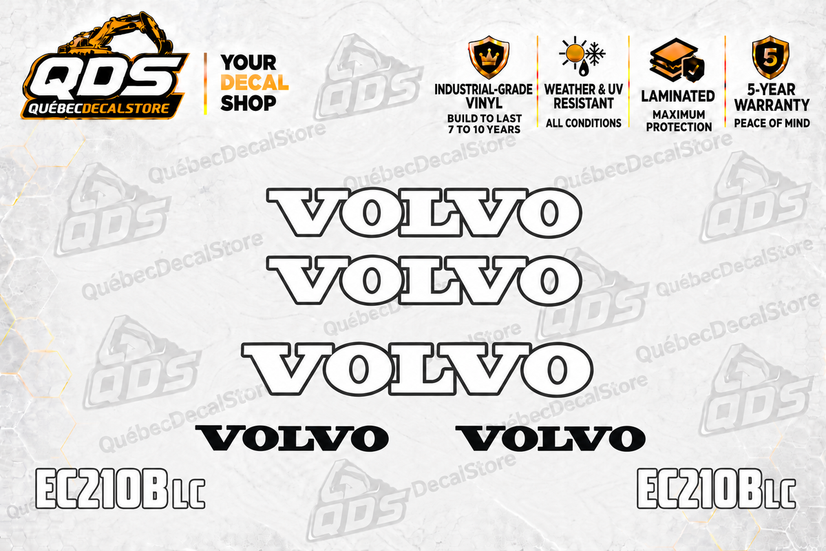 Kit de décalques Volvo EC210B LC pour excavatrice – 7 éléments