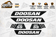 Doosan DX55 aftermarket identification decal kit as pictured on QDS background