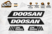 Doosan DX62R-3 aftermarket identification decal kit as pictured on QDS background