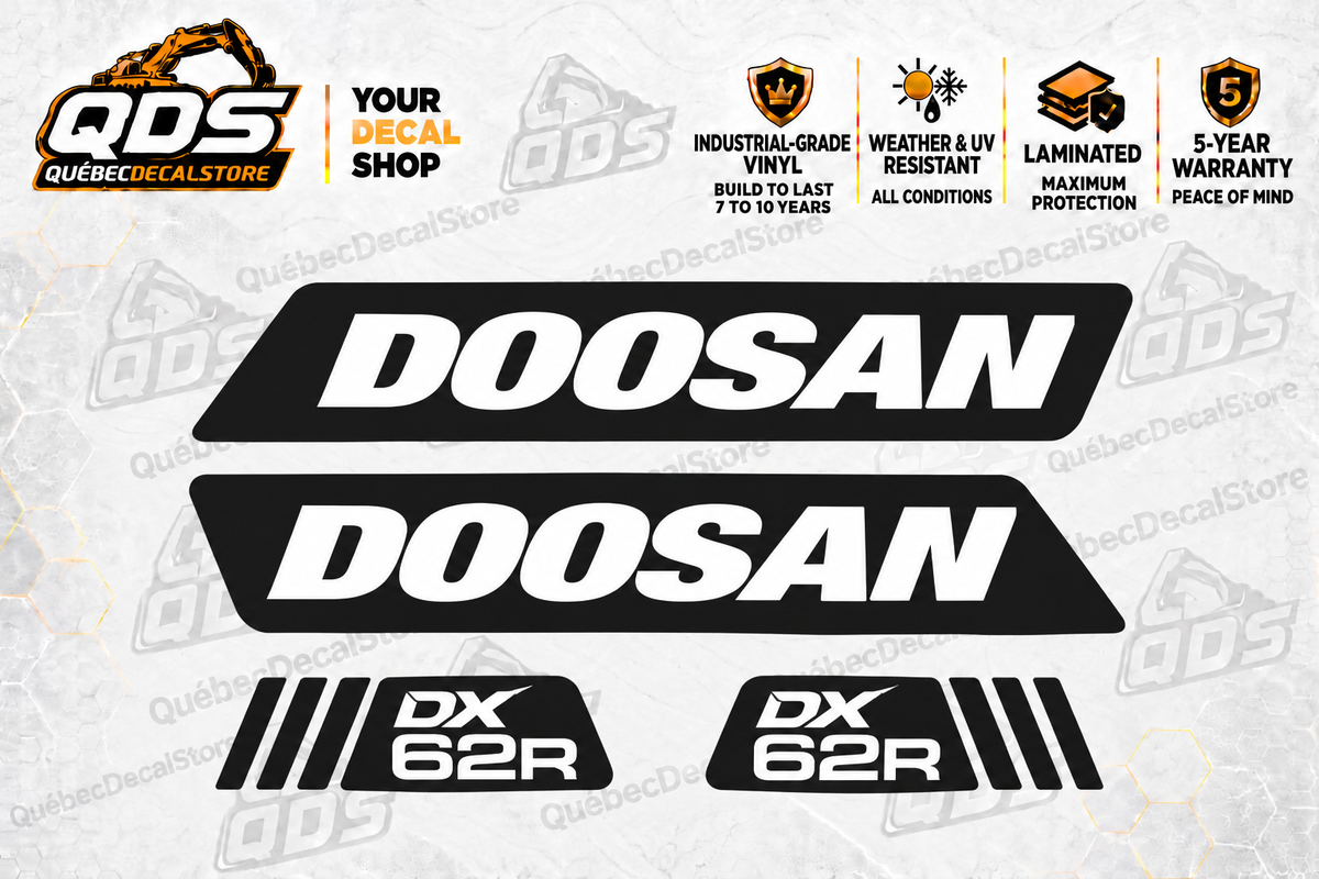 Doosan DX62R-3 aftermarket identification decal kit as pictured on QDS background