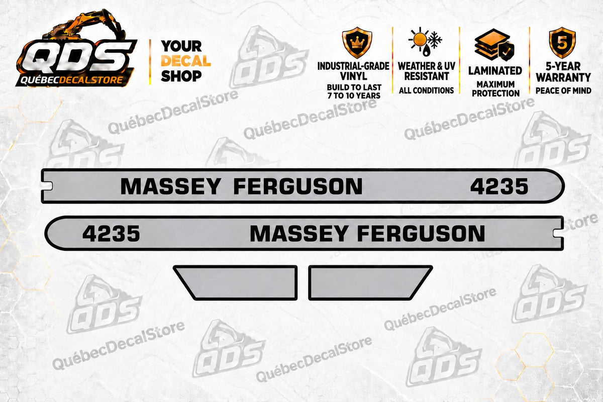 Massey Ferguson 4235 laminated aftermarket tractor hood decal kit with the 4 silver-grey and black graphics shown – QuébecDecalStore