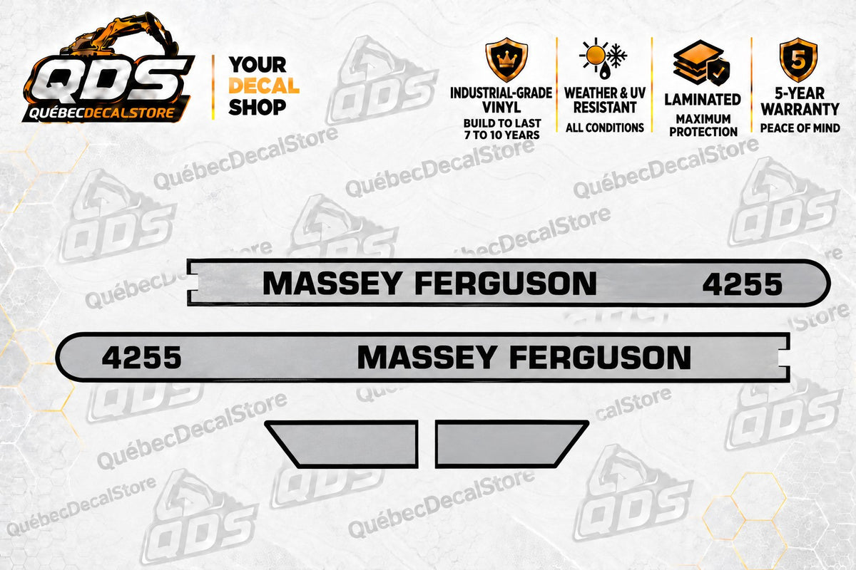 Massey Ferguson 4255 laminated aftermarket tractor hood decal kit with the 4 silver-grey and black graphics shown – QuébecDecalStore