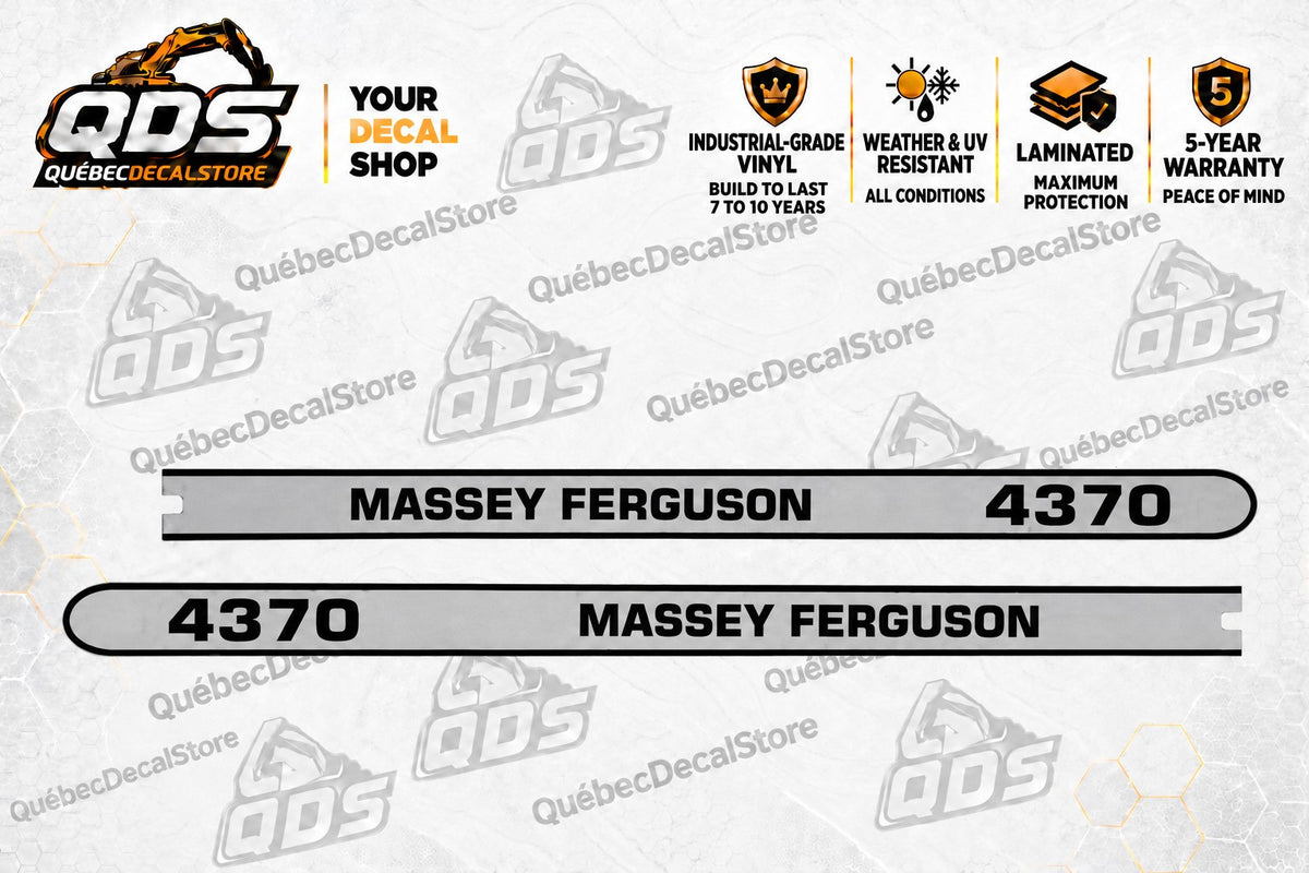 Massey Ferguson 4370 laminated aftermarket tractor hood decal kit with the 2 silver-grey and black graphics shown – QuébecDecalStore