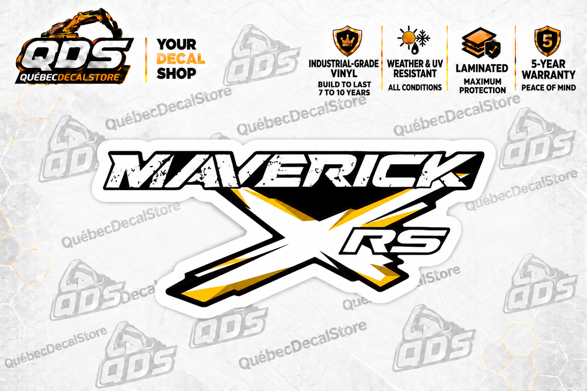 Maverick X RS white, black and gold replacement logo decal on QuébecDecalStore background