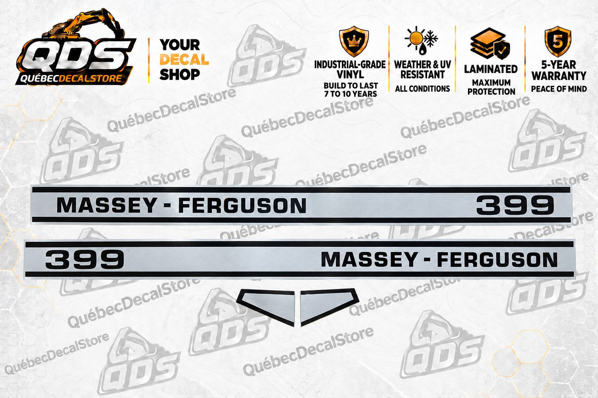 Massey Ferguson 399 tractor decal kit with two silver-grey and black side stripes and two small end panels – QuébecDecalStore