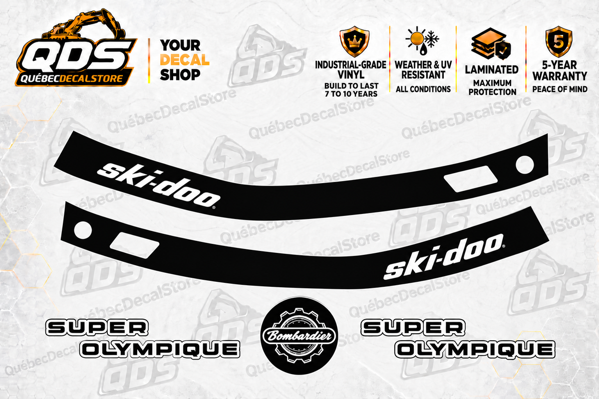 Ski-Doo Super Olympique 1967 aftermarket decorative decal kit, 5 pictured pieces on the QDS background