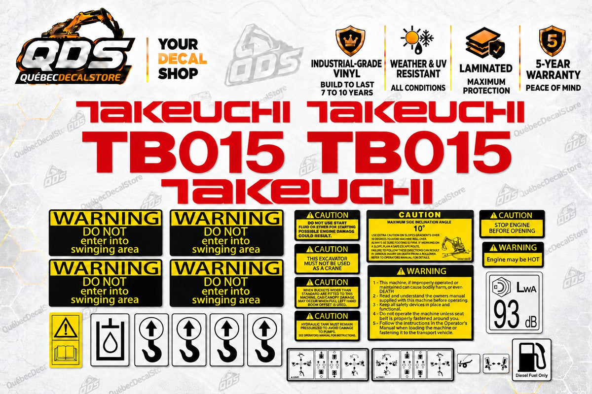 Takeuchi TB015 Excavator Aftermarket Replacement Decal Kit with Safety Labels