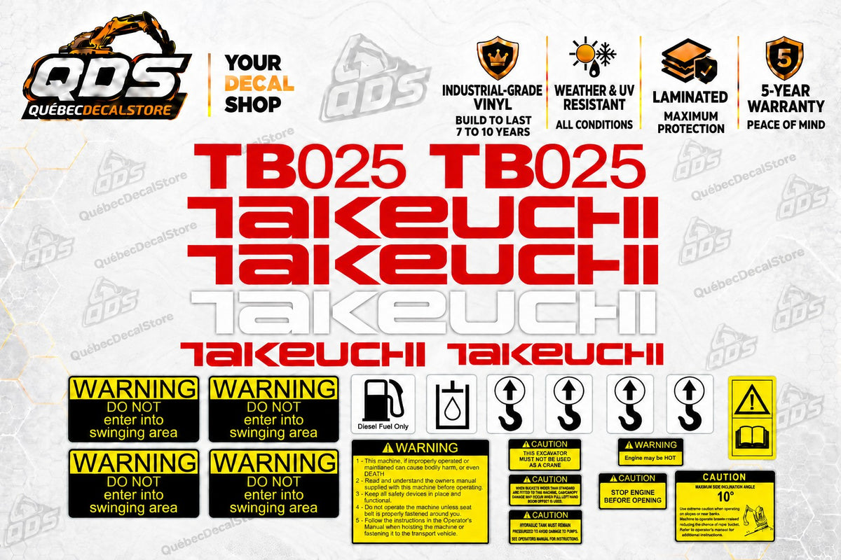 Takeuchi TB025 Excavator Aftermarket Replacement Decal Kit with Safety Labels