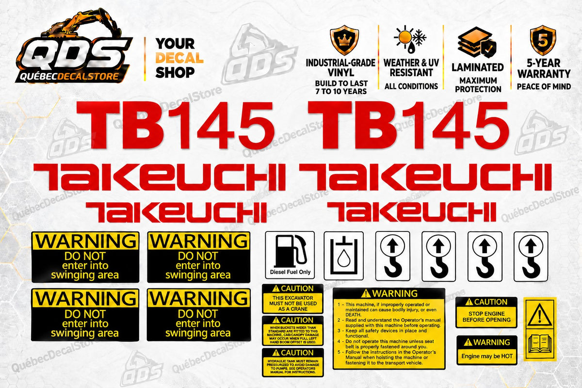 Takeuchi TB145 Excavator Aftermarket Replacement Decal Kit with Safety Labels