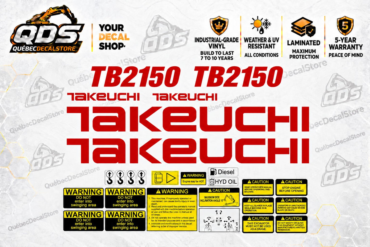 Takeuchi TB2150 Excavator Aftermarket Replacement Decal Kit with Safety Labels